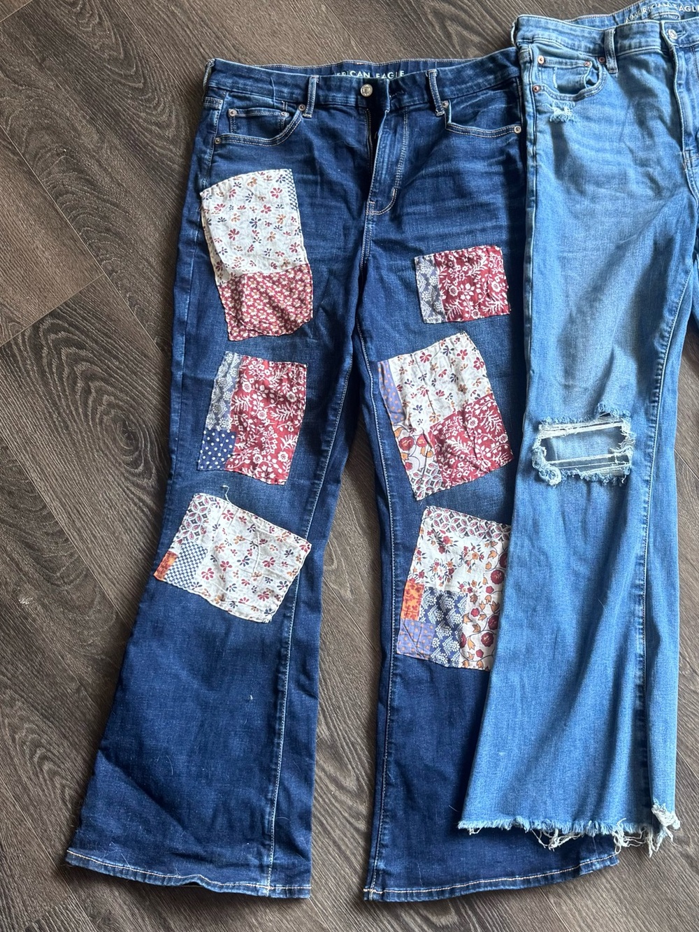 American Eagle Outfitters Blue Patchwork & Distressed Wide-Leg Jeans